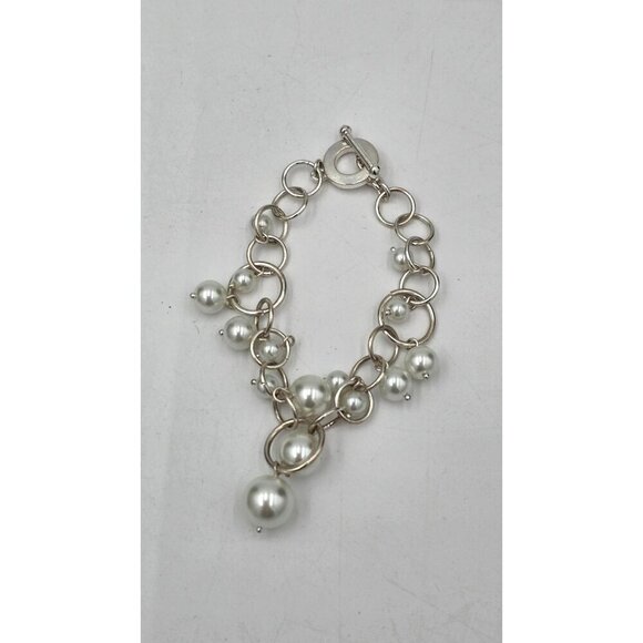 Silver Tone Dangle Faux Pearl Charm Bracelet Circle Link Toggle Clasp Jewelry - Picture 4 of 5
